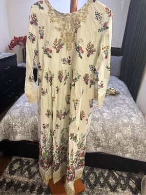 Floral Embroidered Cream Maxi Dress